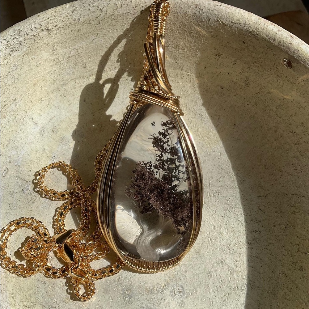 14k Gold Filled  Lodolite Quartz Unisex Tree of Life Carved Necklace Pendant